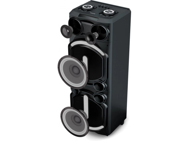 Parlante Bluetooth Philips TAX5708/77 ideal para fiestas en Uruguay. Potente sonido con Bass Boost, show de luces dinámico y entradas para karaoke (micrófono/guitarra). Disponible en Avlis.
