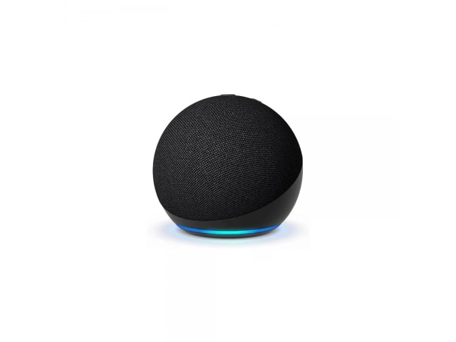Vista frontal del Amazon Echo Dot 5ta Generación en color charcoal, mostrando su diseño esférico y elegante.