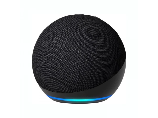 Vista lateral del Echo Dot 5ta Generación charcoal, destacando su acabado en tela y forma compacta.