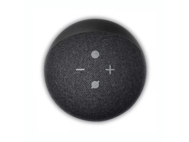 Vista superior del Echo Dot 5ta Generación charcoal, mostrando los controles táctiles y el botón de acción.