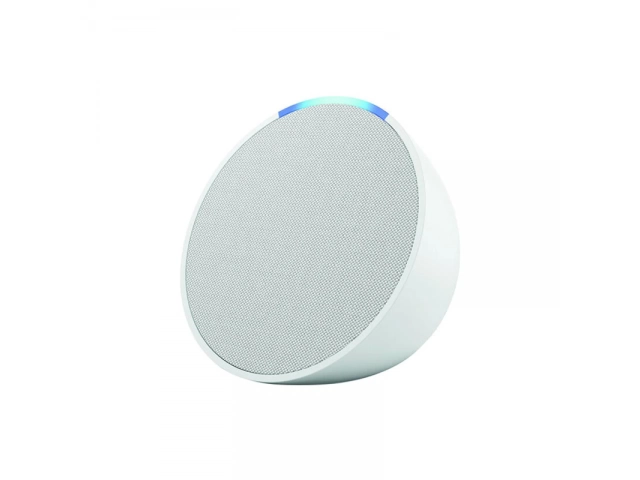 Vista frontal del Amazon Echo Pop 1ra Generación en color blanco glaciar, mostrando su diseño semiesférico y compacto.