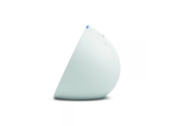 Vista lateral del Echo Pop 1ra Generación blanco, destacando su acabado en tela y forma moderna.