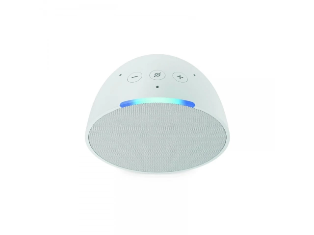 Vista superior del Echo Pop 1ra Generación blanco, mostrando los controles táctiles y el botón de acción.