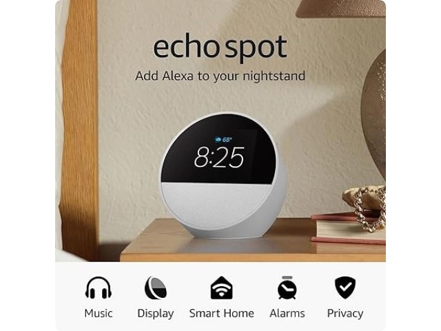 Ajuste de alarma desde la pantalla del Echo Spot blanco con interfaz táctil intuitiva.