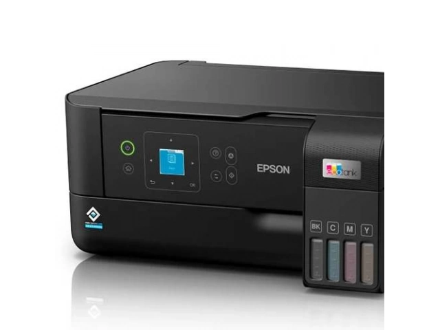 Detalle de los tanques de tinta frontales de la impresora Epson L3560 EcoTank, destacando su conectividad Wi-Fi y compatibilidad con Epson Smart Panel. Epson en Avlis.