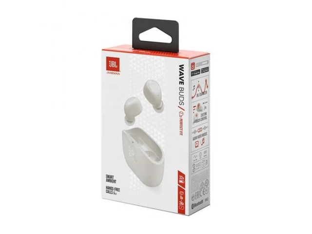 Estuche de carga portátil y compacto de los auriculares True Wireless JBL Wave Buds Blancos