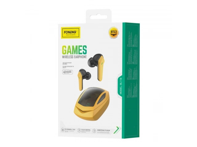 Detalle del estuche de carga portátil color amarillo de los auriculares Foneng BL118, con puerto de carga USB-C. Avlis Uruguay.