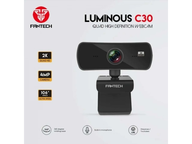Webcam Fantech C30 Luminous mostrando su lente gran angular y clip de montaje flexible. Ideal para streaming y reuniones. Avlis.