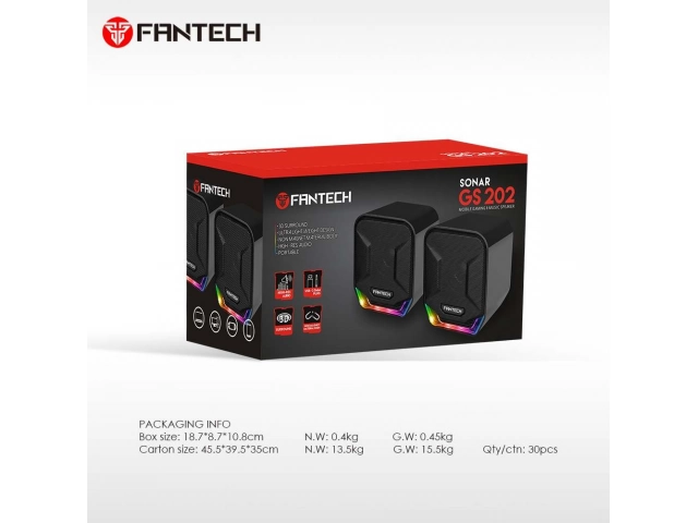 Detalle de los parlantes Fantech GS202 Sonar con control de volumen en línea y sutil iluminación LED azul. Compactos y elegantes. Avlis.