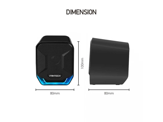 Detalle de los parlantes Fantech GS202 Sonar con control de volumen en línea y sutil iluminación LED azul. Compactos y elegantes. Avlis.