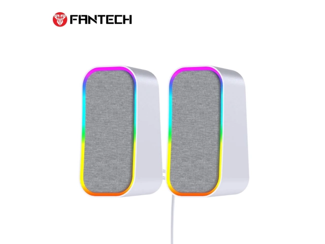 Vista frontal de los altavoces Fantech GS304 GROOVE en color blanco con iluminación RGB.