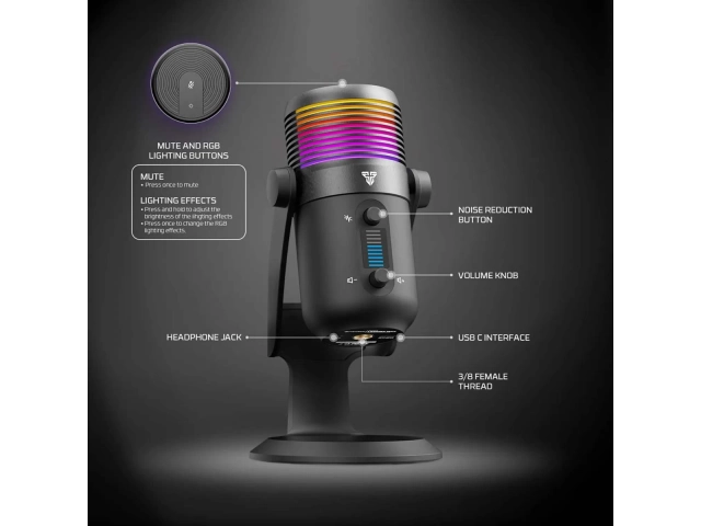 Micrófono Fantech Leviosa MCX03 Negro integrado en un setup de gaming y streaming en Uruguay, mostrando su diseño profesional.