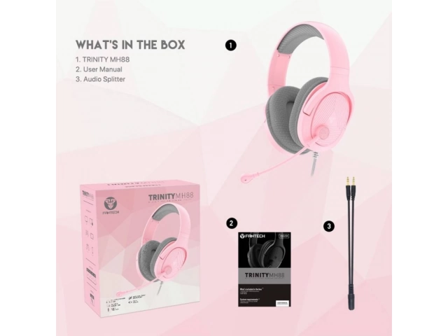 Contenido de la caja del Fantech MH88 Sakura Edition: auriculares, manual de usuario y divisor de audio.%u200B