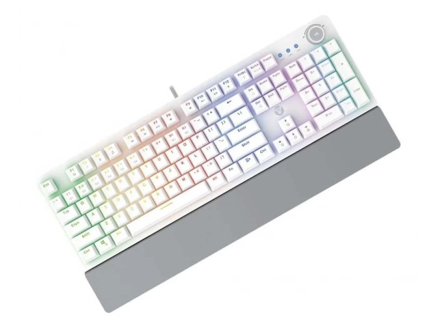 Primer plano de los switches mecánicos Rojos y los efectos de iluminación RGB del teclado Fantech MK-853 v2 Space Edition. Rendimiento y estética para gamers en Avlis.