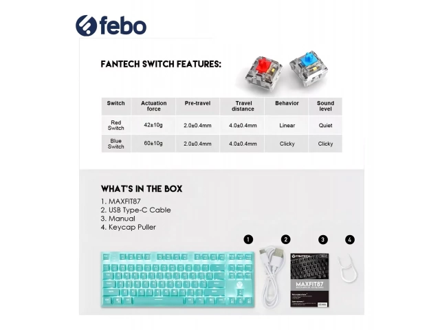 Primer plano de los switches rojos del teclado Fantech MK856 Mint Edition.