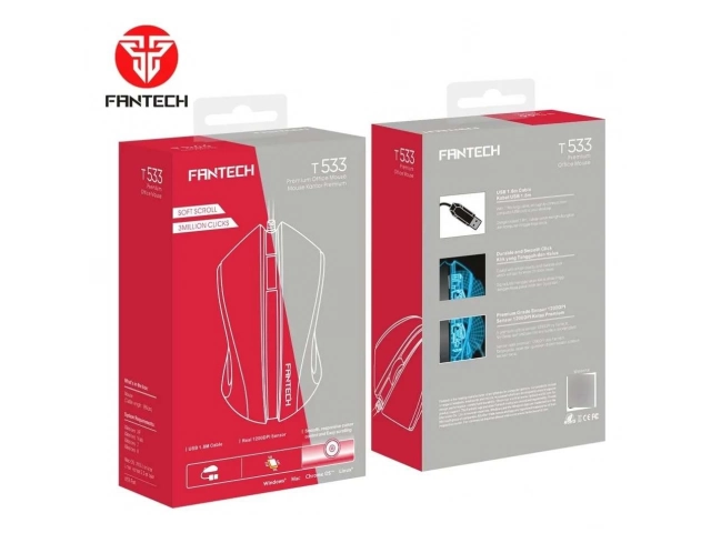 Mouse Fantech T533 con diseño ergonómico y sensor óptico de 1200 DPI para un control preciso. Ideal para trabajo. Avlis.