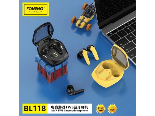 Control táctil intuitivo de los auriculares Bluetooth TWS Foneng BL118 amarillos para gestionar música y llamadas fácilmente. Comprar en Avlis.
