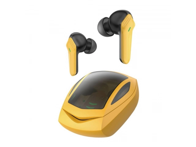 Auriculares inalámbricos Foneng BL118 TWS color amarillo vibrante con su estuche de carga compacto. Sonido y estilo en Avlis Uruguay.