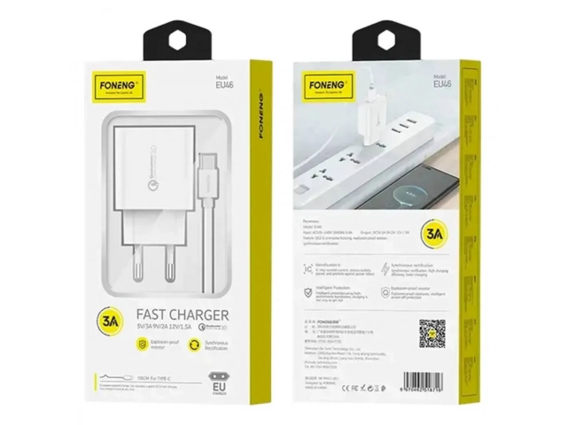 Cargador Foneng EU46 de 18W en uso, cargando un iPhone de forma rápida y segura con el cable Lightning incluido. Solución completa de Avlis Uruguay.