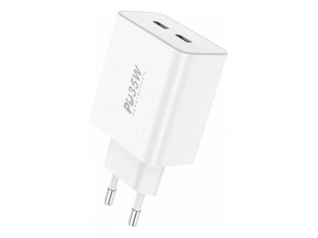Cargador de pared Foneng EU50 35W con doble puerto (USB-C PD hasta 35W y USB-A QC3.0 hasta 18W) para carga rápida simultánea. Color blanco. Avlis Uruguay.