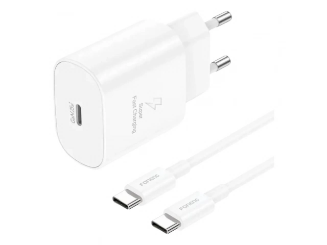 Cargador de pared Foneng EU51 Tipo C blanco, diseño compacto ideal para viajes y uso diario. Carga rápida 20W PD (sin cable). Avlis Uruguay.