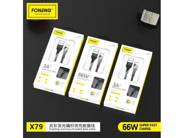 Cable Lightning Foneng X79 con iluminación RGB dinámica y conectores metálicos, 100cm de longitud, ideal para carga rápida 3A y setups gaming, venta en Uruguay por Avlis.