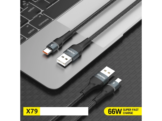 Cable Foneng X79 USB-A a Tipo C de 1 metro, 66W, para carga súper rápida y transferencia de datos. Color blanco. Avlis Uruguay.