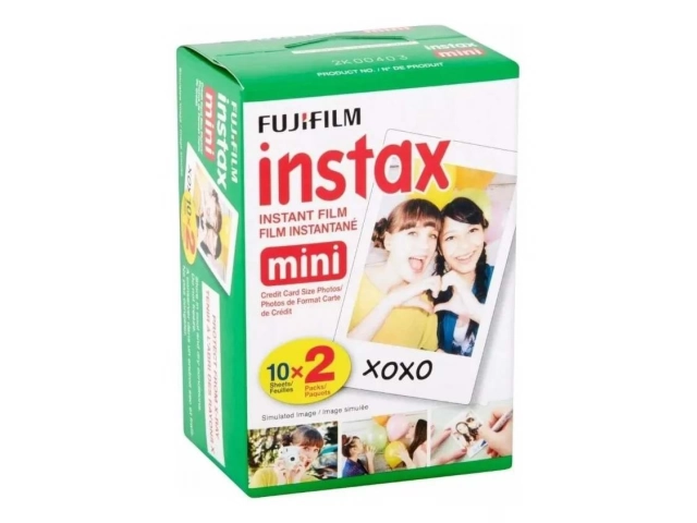 Pack doble de Papel Fujifilm Instax Mini para 20 fotos instantáneas, mostrando los dos cartuchos de 10 exposiciones cada uno. Avlis Uruguay.