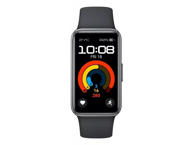Smartband Honor Band 9 color negra, vista frontal con pantalla AMOLED encendida mostrando esfera de reloj, disponible en Avlis Uruguay.