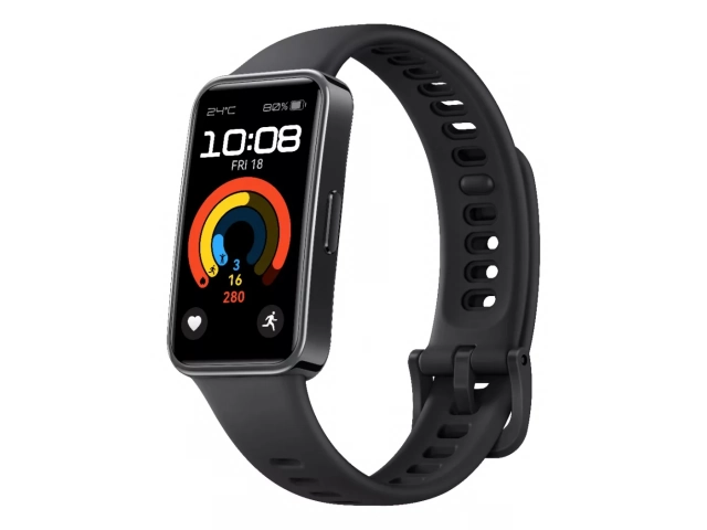 Smartband Honor Band 9 color negra, vista frontal con pantalla AMOLED encendida mostrando esfera de reloj, disponible en Avlis Uruguay.