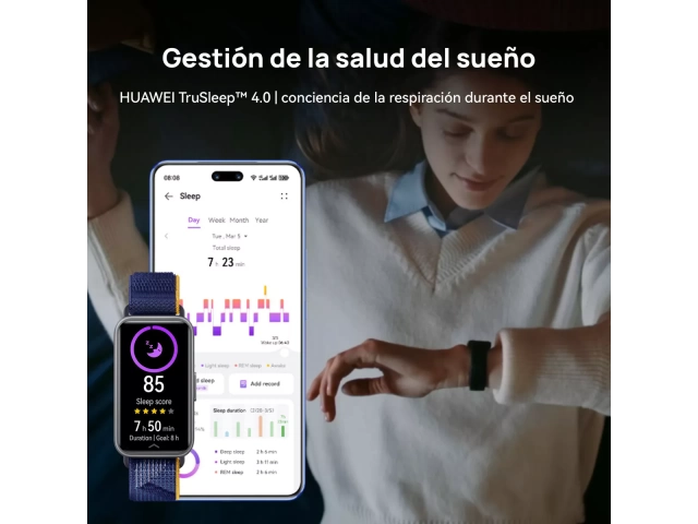 Detalle de la correa y resistencia al agua de la smartband Honor Band 9 negra, ideal para fitness y natación, en Avlis Uruguay.