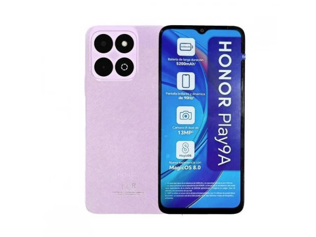 Parte frontal del celular Honor Play9A color violeta, con su pantalla FullView de 6.3 pulgadas encendida.  