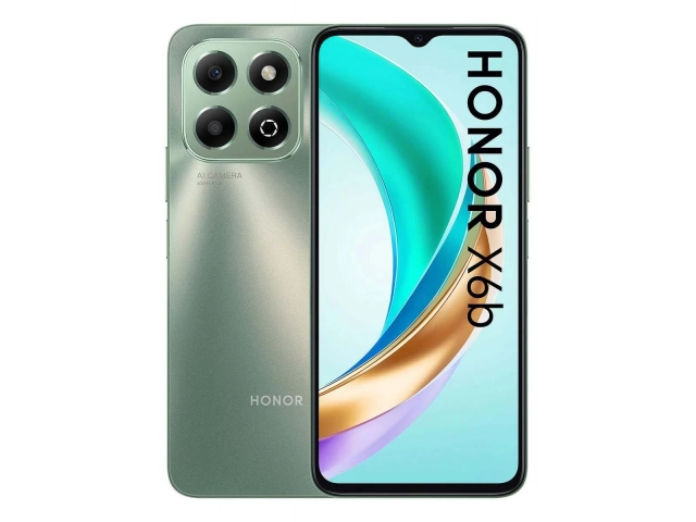Celular Honor X6b color verde esmeralda, 6GB RAM y 256GB almacenamiento, vista frontal con pantalla encendida, disponible en Avlis Uruguay.
