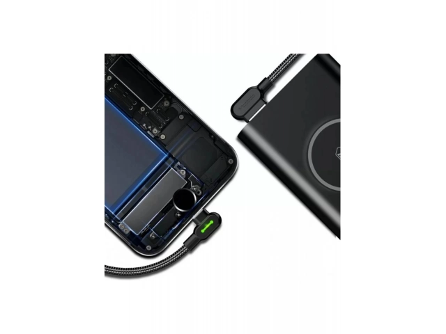Infografía explicando cómo funciona la tecnología de corte automático del cable McDodo para proteger la batería del iPhone.