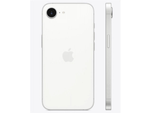 Vista lateral izquierda del iPhone 16e 128GB White mostrando acabado curvo