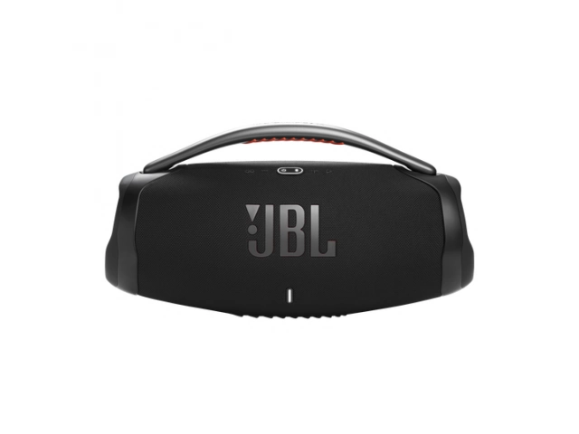 Vista frontal del JBL Boombox 3 Wi-Fi Black mostrando su diseño elegante y robusto.