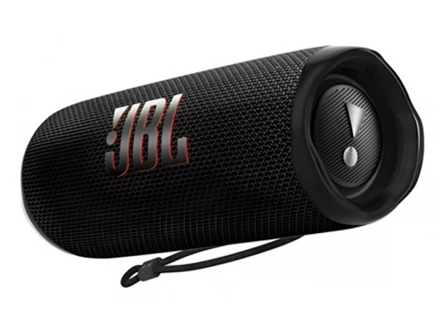 Parlante JBL Flip 6 Black vista frontal mostrando su diseño compacto y elegante.