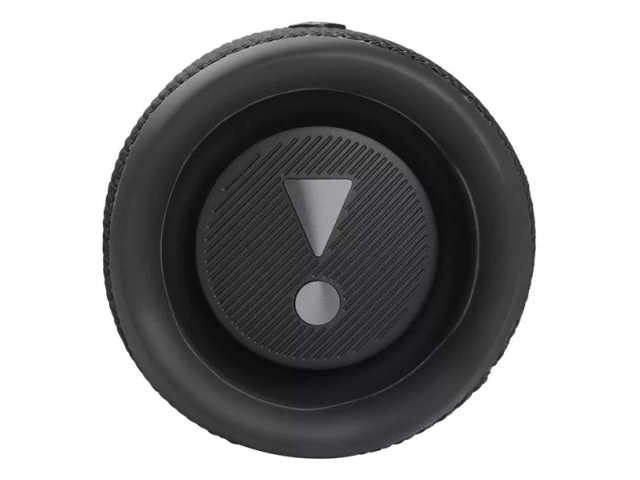 Vista lateral del JBL Flip 6 Black destacando su estructura robusta y botones de control.