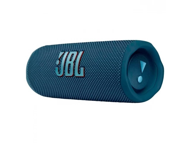 Vista lateral del JBL Flip 6 Blue destacando su estructura robusta y botones de control.