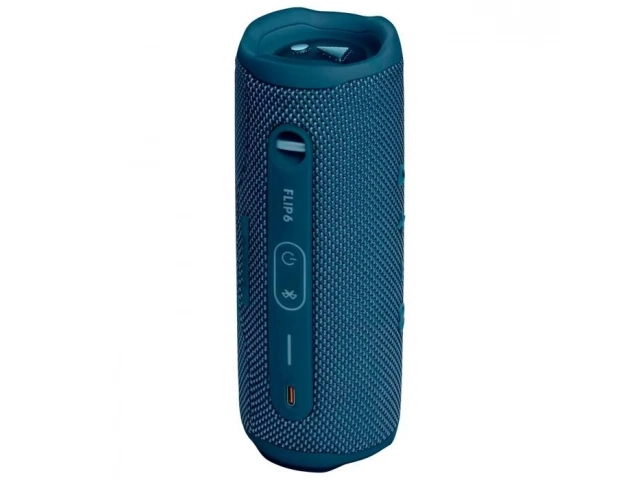 Parte trasera del parlante JBL Flip 6 Blue con detalles del puerto de carga USB-C.