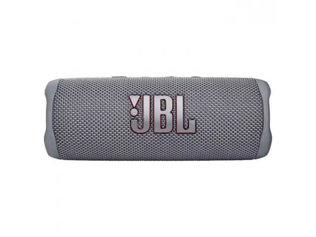 Vista frontal del altavoz JBL Flip 6 en color gris, mostrando su diseño cilíndrico y logo destacado.