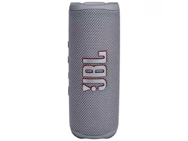 Vista superior del altavoz JBL Flip 6 gris, mostrando los controles de reproducción y volumen.