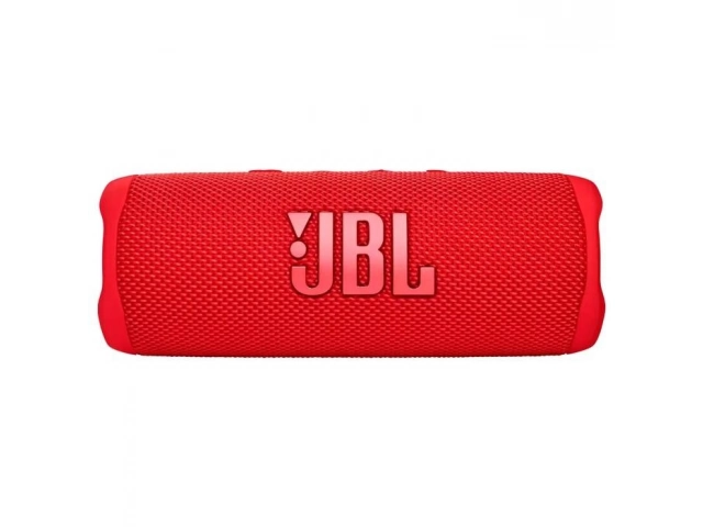 Vista frontal del altavoz JBL Flip 6 en color rojo, mostrando su diseño compacto y elegante.
