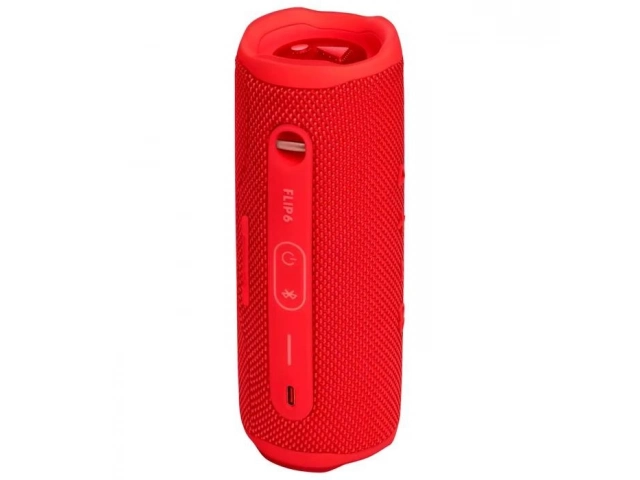 Parte posterior del altavoz JBL Flip 6 rojo, exhibiendo los radiadores pasivos duales.