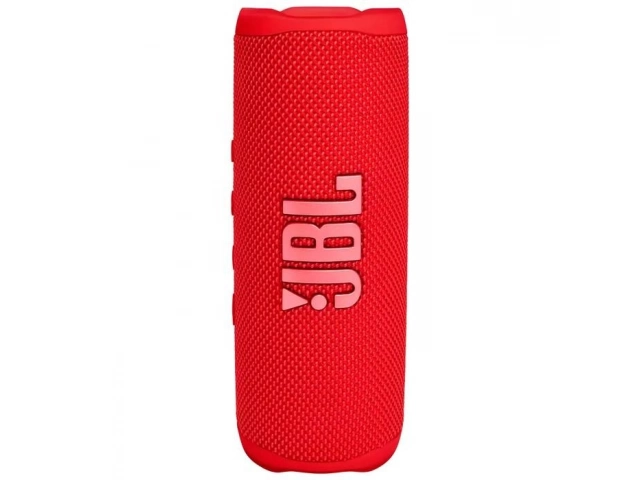Vista superior del JBL Flip 6 rojo, mostrando los controles de reproducción y volumen.