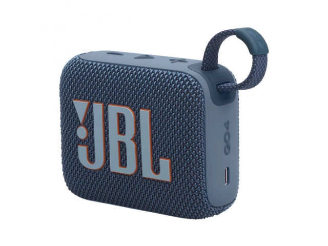 Vista frontal del parlante JBL Go 4 Blue mostrando su diseño compacto y moderno.