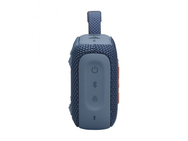 Perfil lateral del JBL Go 4 Blue destacando su estructura resistente y botones de control.