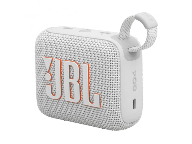 Vista frontal del parlante JBL Go 4 White mostrando su diseño compacto y elegante.