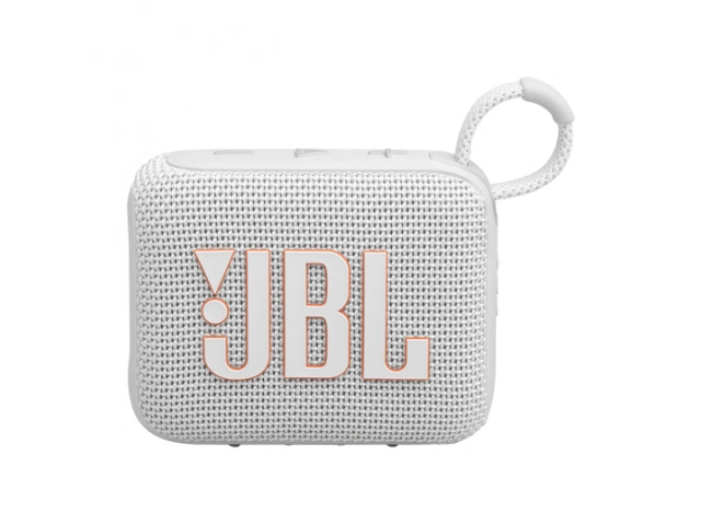 Vista frontal del parlante JBL Go 4 White mostrando su diseño compacto y elegante.
