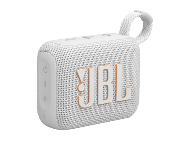 Vista frontal del parlante JBL Go 4 White mostrando su diseño compacto y elegante.